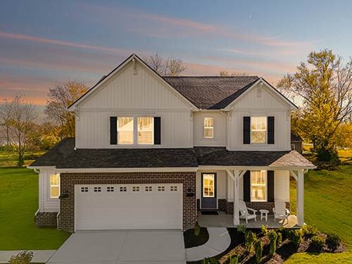 Charming two-story home with black accents and covered porch in The Bevy neighborhood in Danville, Indiana